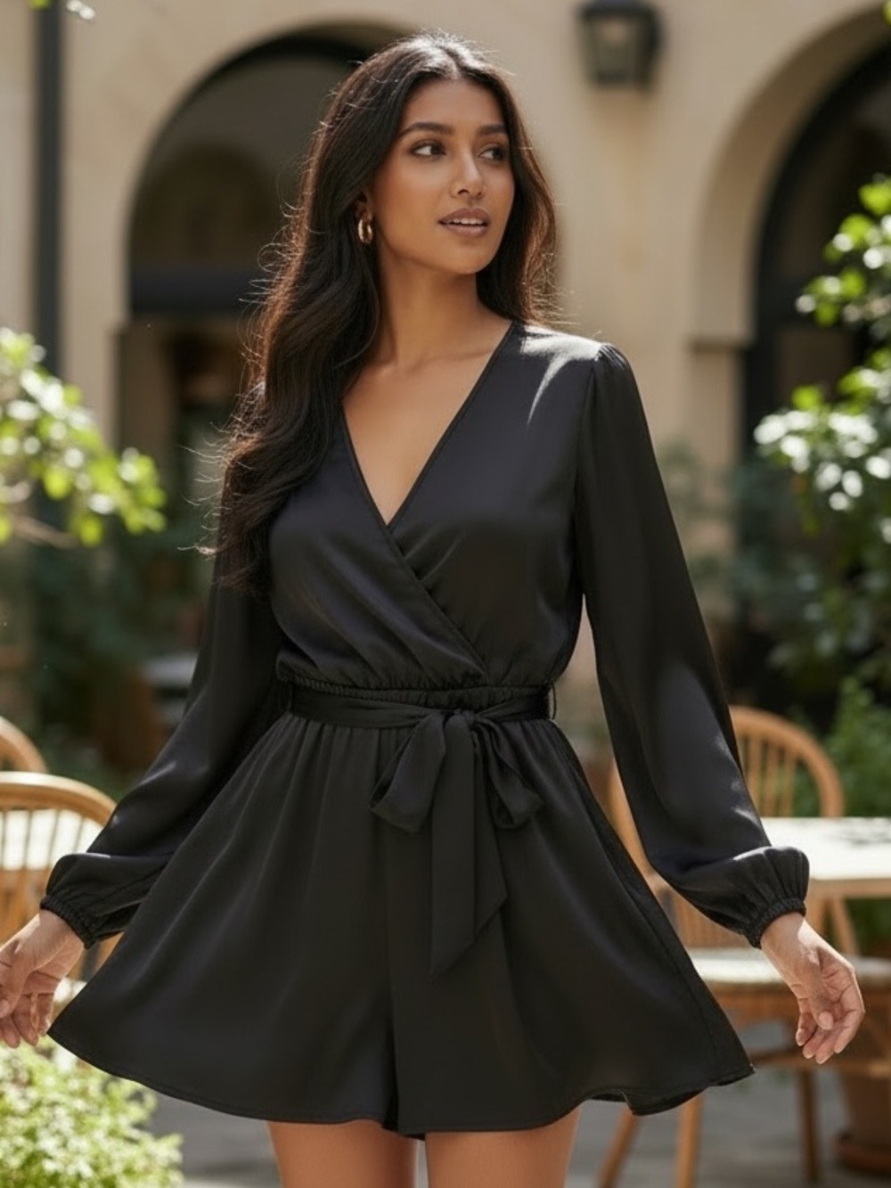 Y2K BLACK SILKY FLIRTY SKORT MINI ROMPER V-NECK & LONG BISHOP SLEEVES NORMCORE M